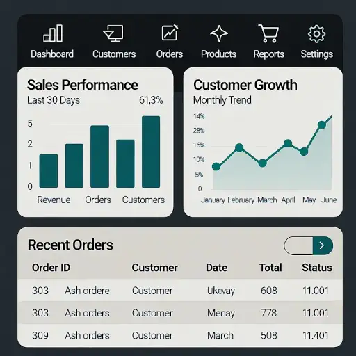 Dashboard with charts, contact lists, or pipeline views
